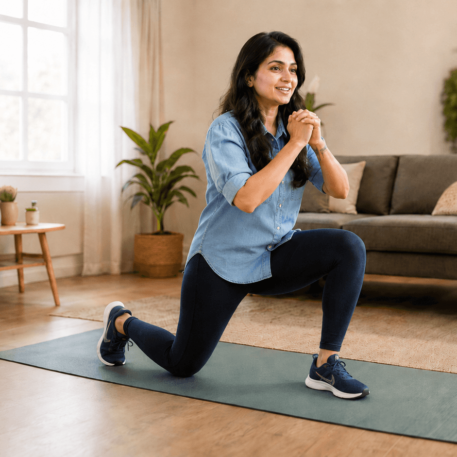 Woman doing a beginner-friendly lunge at home on a yoga mat