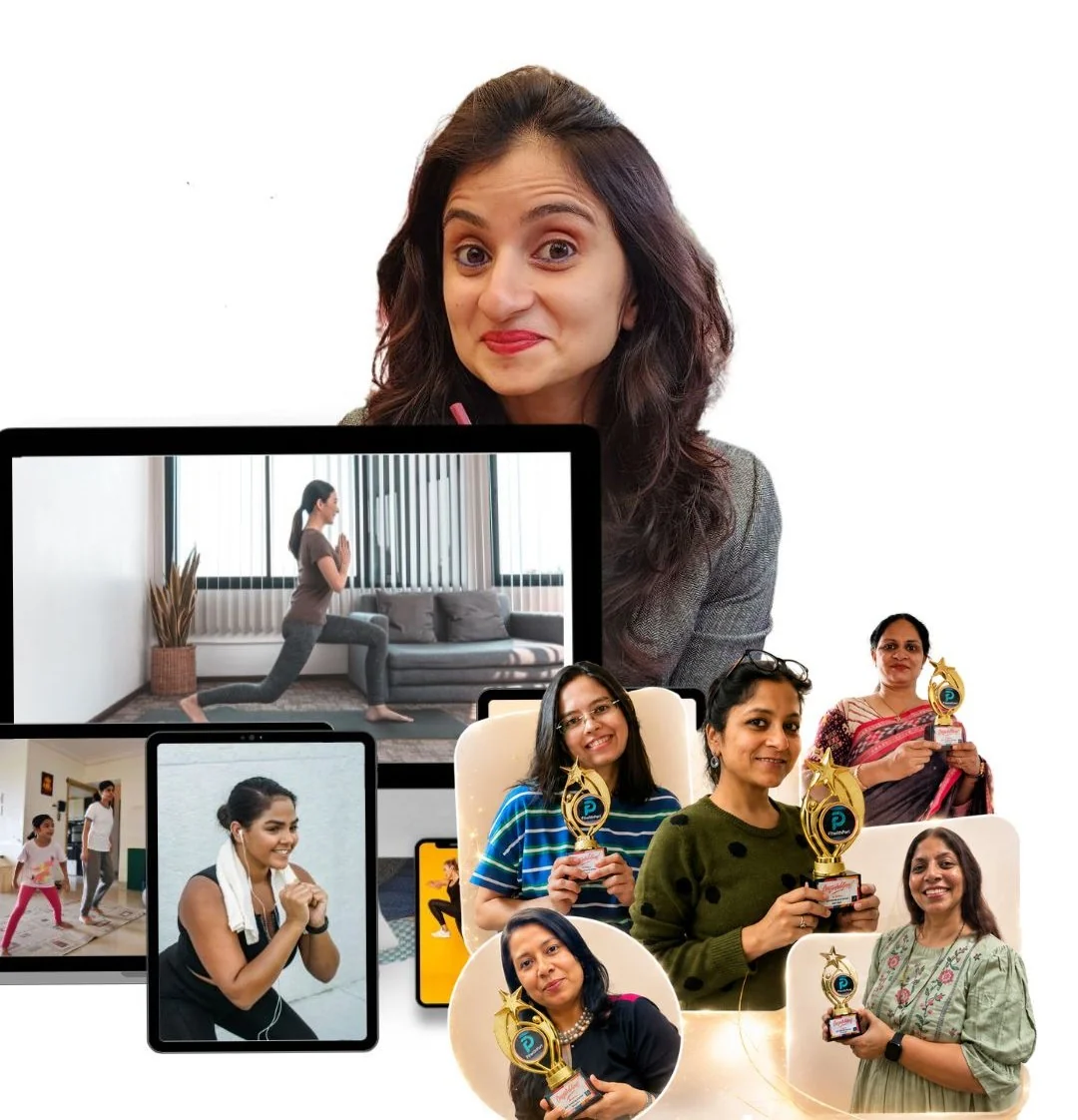 Pari peeking over screens of live women-only classes, with FitWithPari members holding their achievement trophies
